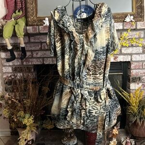 AGB Vintage Y2K Animal Print Sheer Ruffles Tie Around Blouse Sz 1X